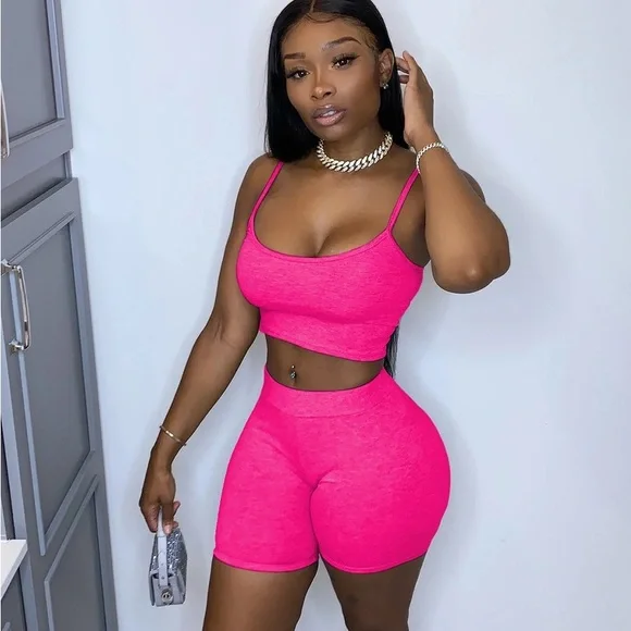 SOLD! Pink Spaghetti Strap Crop Top And Shorts Two Piece Short Set - Picture 4 of 6